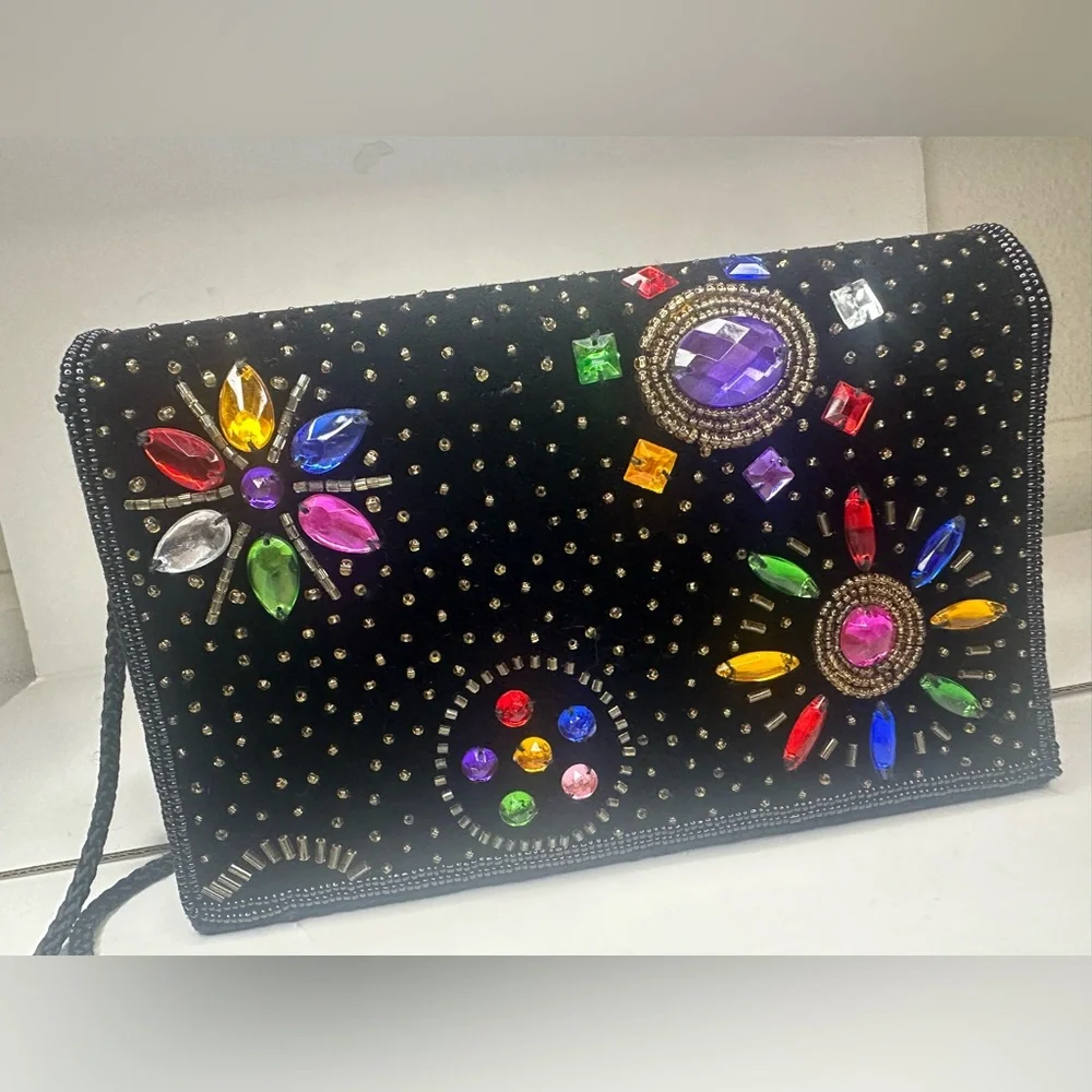 Vintage Caroline Barton Beaded Evening Clutch Black Velvet Rhinestone Bag